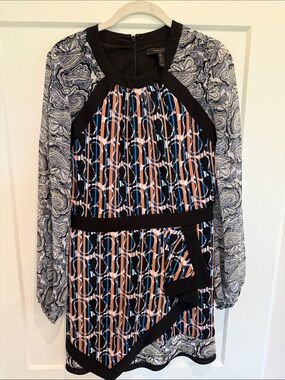 BCBGMaxAzria Long-Sleeve Mixed-Print Dress in Blue, Black and Cream